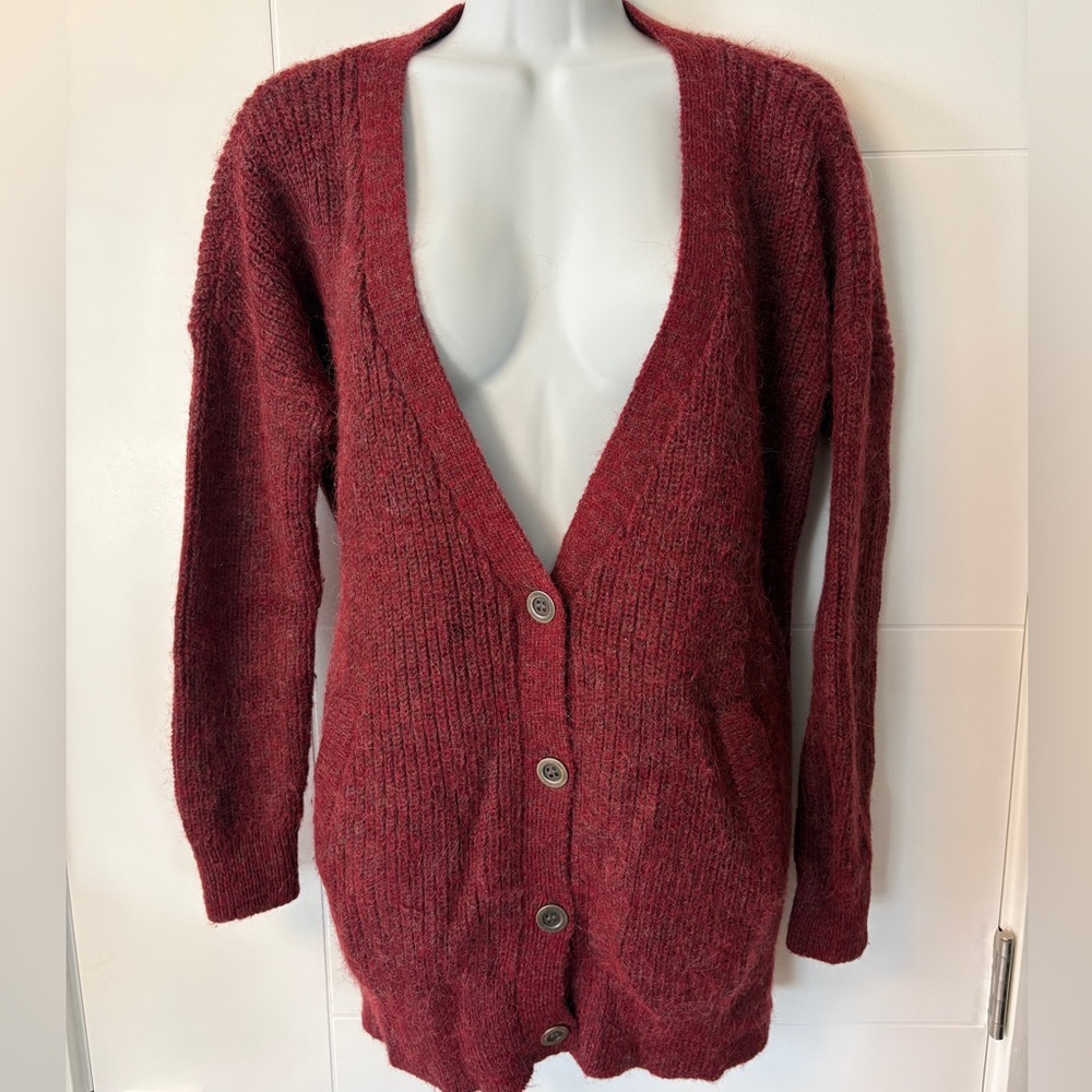 Free People Cloudy Day Burgundy Oversized Cozy Cardigan Sweater Alpaca Blend XS
